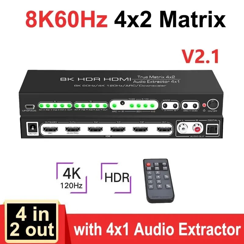 BELI SEKARANG HDR10 ARC 8K 60Hz HDMI Matrix 4x2 Dolby 4K HDMI Splitter 4 In 2 Out 4K120Hz Video Swit