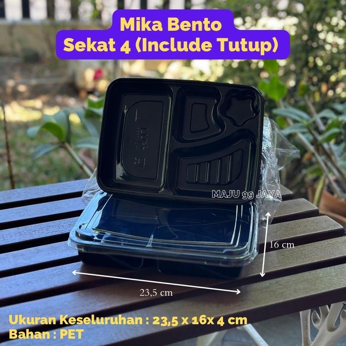 [10 PCS] Mika Bento Sekat 4 Hitam Bening LUX (1 Set dengan Tutup) Food Grade Tebal Plastik