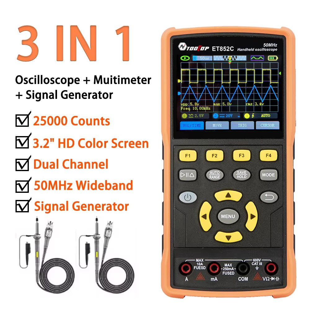 TOOLTOP 3IN1 2 Channel Digital Oscilloscope Multimeter Signal Generator 50MHz Portable Oscilloscope