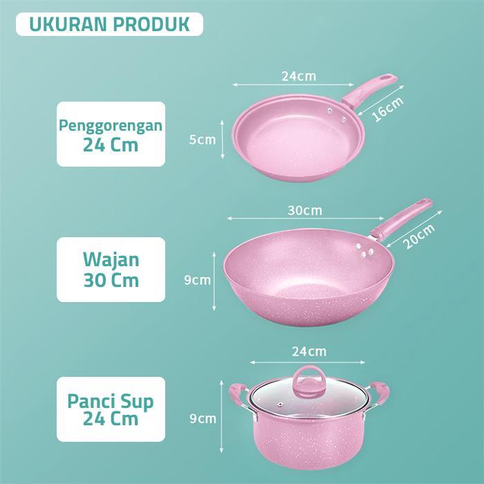 GM Bear Panci Wajan Teflon Pink Set isi 3pcs 1925 - Arria Panci Set