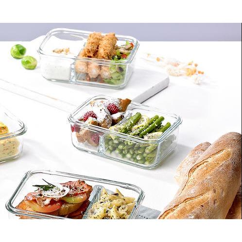Glasslock ~ Kotak Tempat Makanan Kaca Tutup Plastik 670Ml Sekat Dua