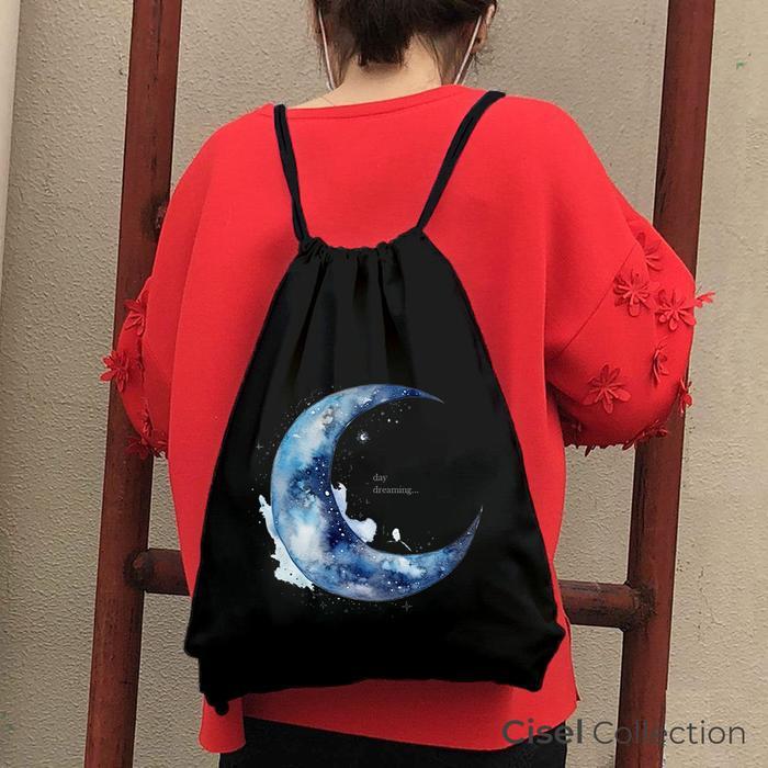 Tas Serut Hitam String Bag Kanvas TEBAL Blue Biru Aesthetic Ukuran 30x40