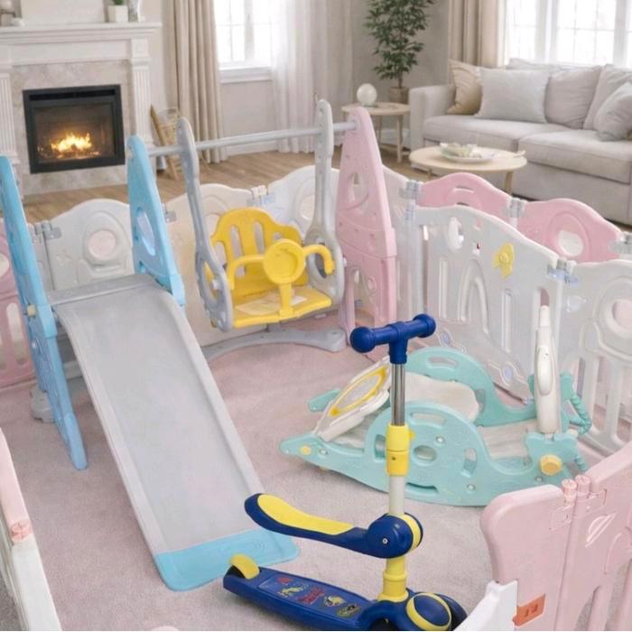 Pagar prosotan ayunan skuter set playground bermain anak sni - pink blue lengkap skuter