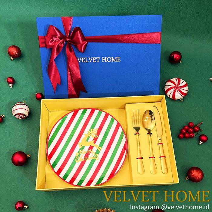 Hampers Natal Piring makan Hiasan + sendok garpu gold kado parcel gift