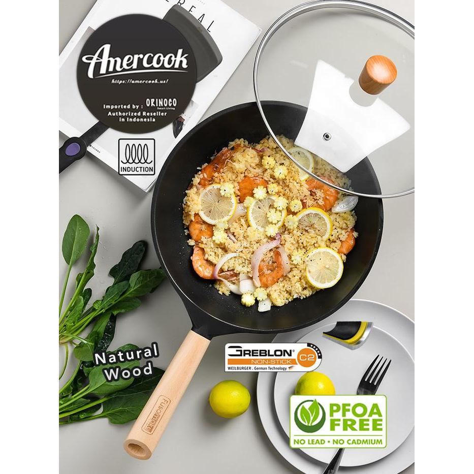 AMERCOOK Fusomoku Wok Pan Pegangan Kayu - Greblon C2 Non-stick