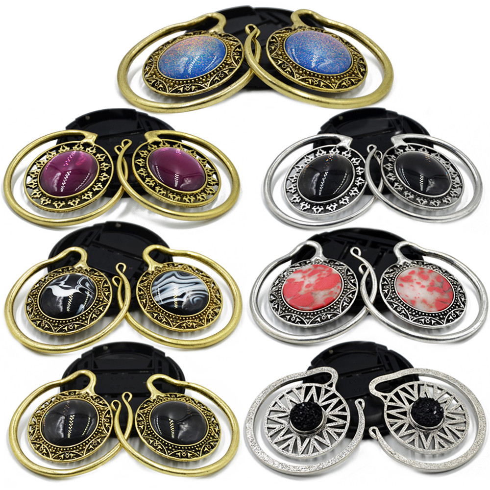 Showlove-2Pcs Solid Brass Stone Banded Ear Weights Hoop Earring Ear Gauge Expander Plugs Body