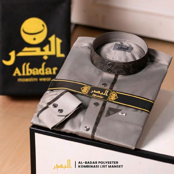 Jubah Albadar Polyester Manset Kombinasi Gamis Pria Dewasa Muslim Putih Hitam Navy Abu Kancing