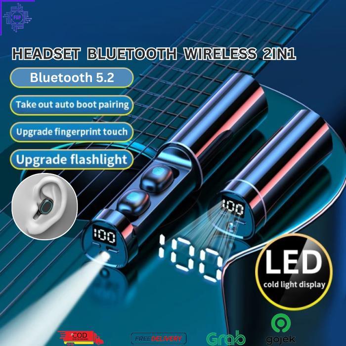 Earphone Bluetooth Headset Tws 5.2 M12 Senter/Flashlight Waterproof