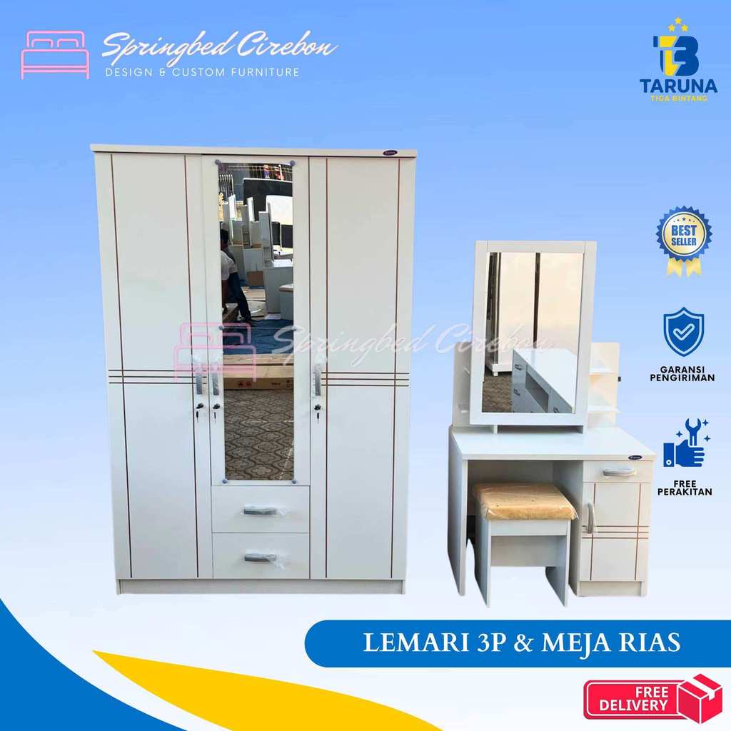 (PROMO) PAKET LEMARI 3 PINTU ROMARO LACI DAN MEJA RIAS WARNA PUTIH ROMARO TERLARIS CIREBON INDRAMAYU