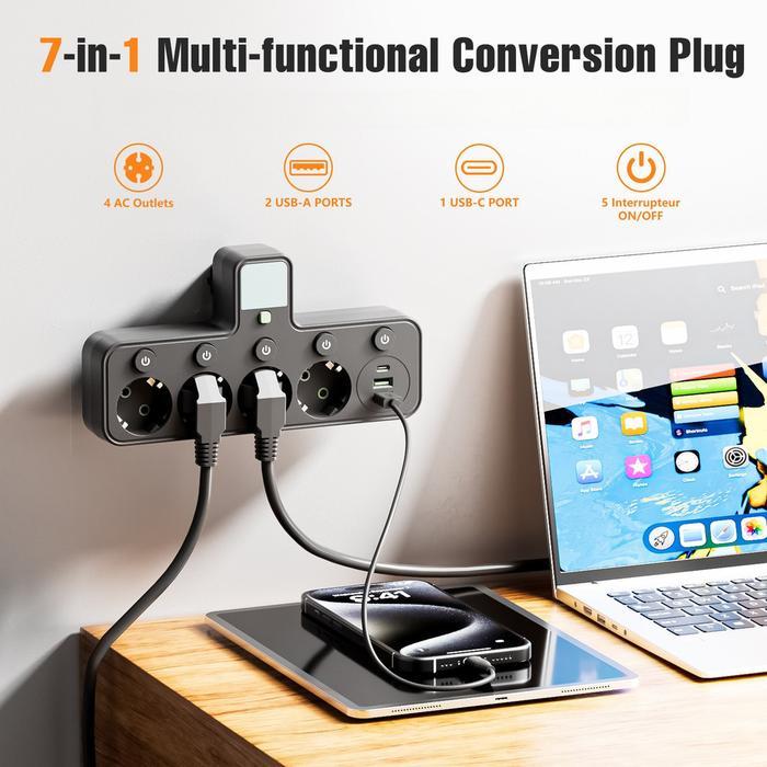 Stop kontak Wall Socket Multi Outlets Expander with 1 Tipe C +2USB+ 4Lubang, EU Plug Power Strip for