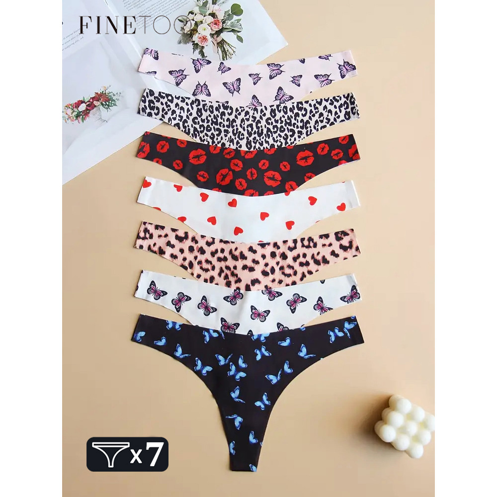 Finetoo 7-Pieces Graphic Print Seamless Underwear For Women Sexy Ultra Soft Thongs Comfort Leopard
