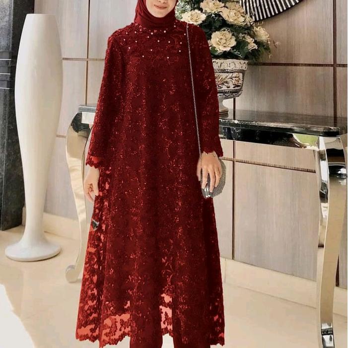 "New" SETELAN ASTERIA Tunik brukat dan Celana L-XXXL 12w cantik mewah wanita Muslim Atasan Mutiara