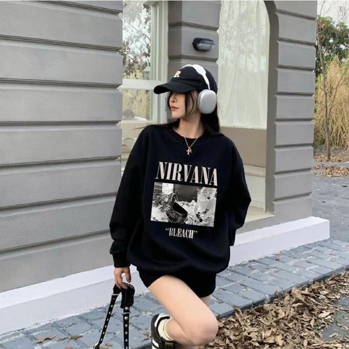 cnm Sweater Motif Tulisan Nirvana Basic Retro Round Neck Oversize Unisex
