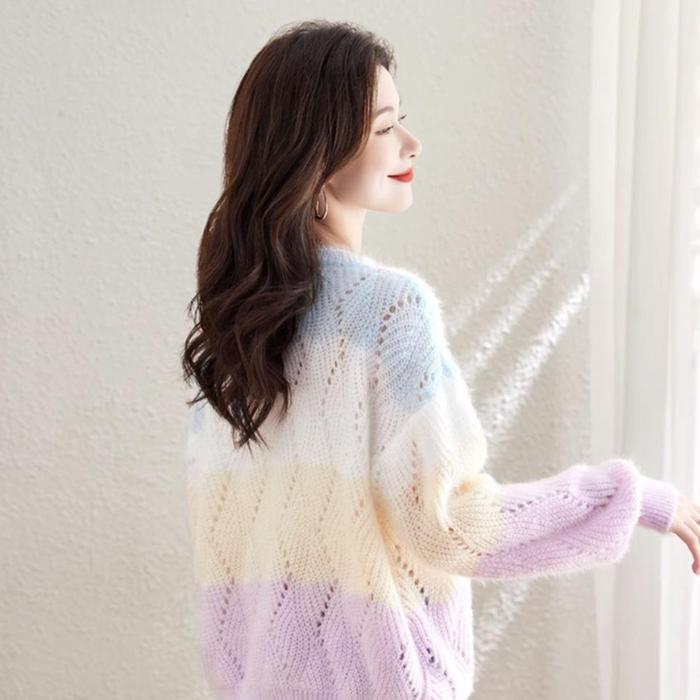 cnm TELLY 098 Sweater Rajut Wanita Rainbow Pelangi Lengan Panjang Pullover Baju Pink Cardigan