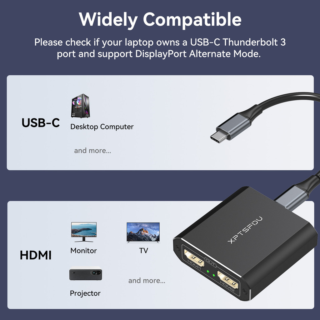 USB C to HDMI Splitter 4K@60Hz 1 IN 2 OUT Thunderbolt to Dual HDMI Adapter Supports Extended Mode