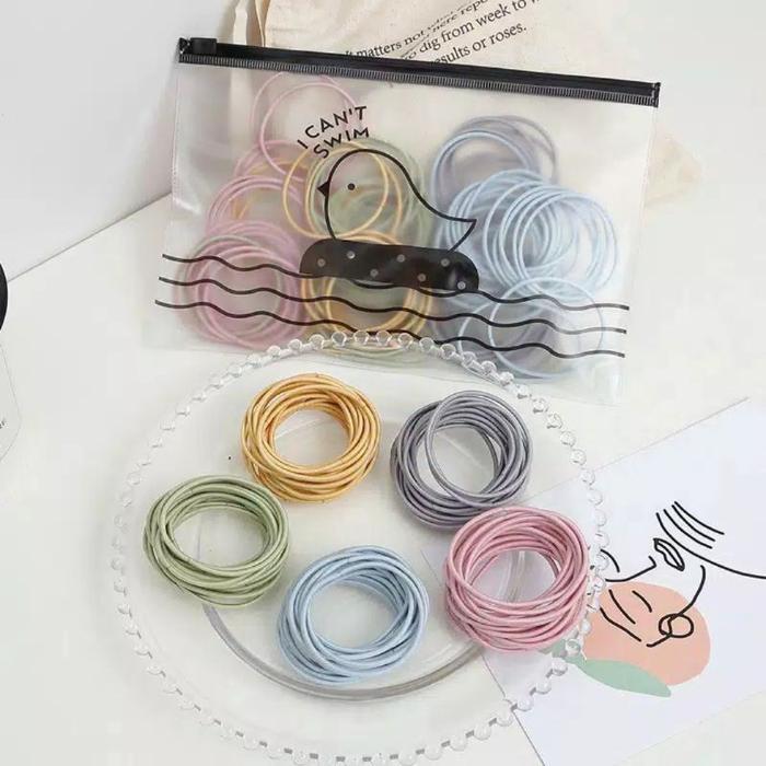 AVEN 100pcs KUNCIRAN IKAT RAMBUT KOREA 100 PCS FREE POUCH TALI KARET GELANG polos KOREAN STYLE awet