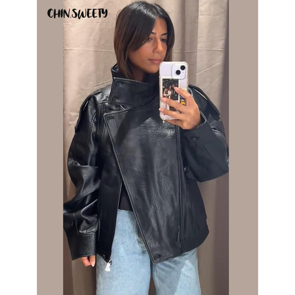 Fashion Women's Stand Collar Lether Jackets Full Sleeve Button Solid Lady Jacket 2025 Autumn Winter