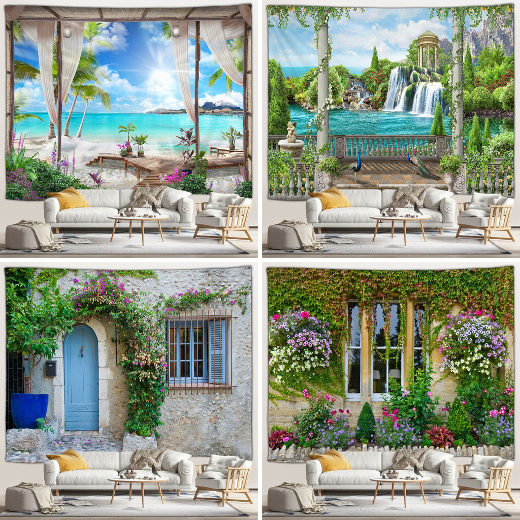 Outdoor Garden Landscape Poster Tapestry Vintage Mediterranean Townscape Polyester Fabric Bath