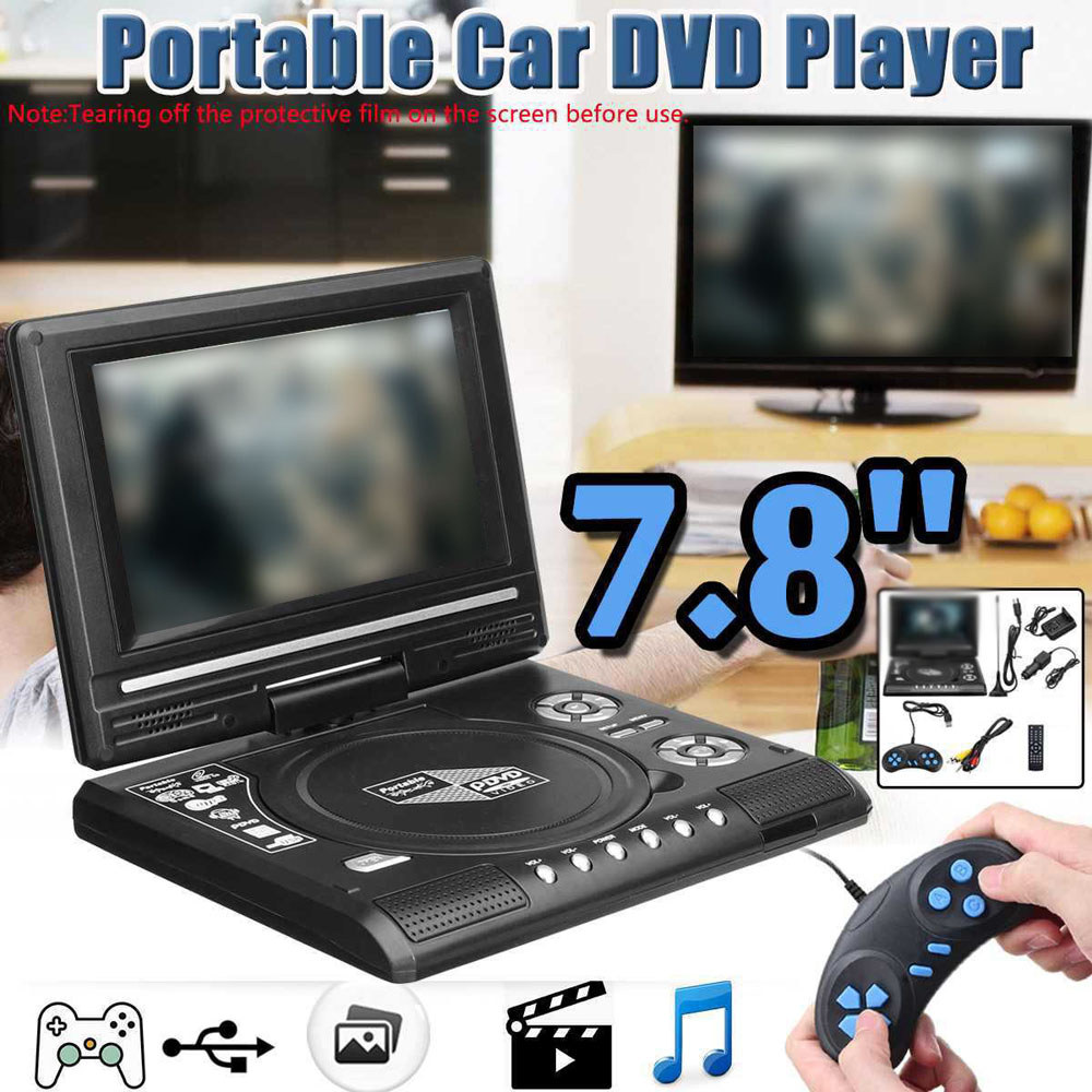 DVD Player Multifunction  7.8 Inch 16:9 Widescreen 270° Rotatable LCD Screen Home Car TV DVD Player 