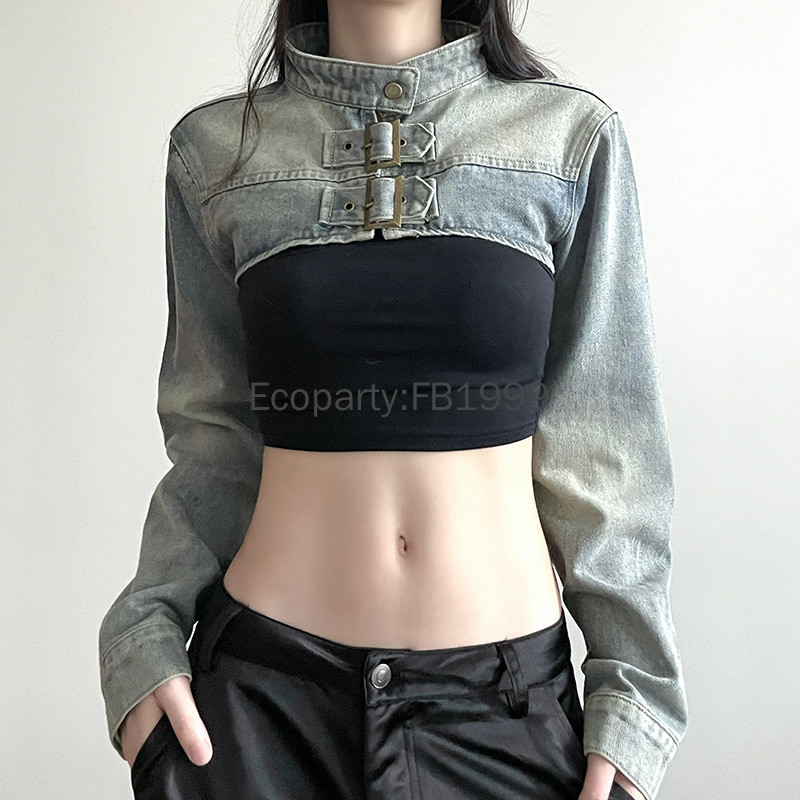 Women Fashion Denim Jacket Y2K Aesthetic Vintage Sexy Crop Tops Coat Japanese Harajuku Streetwear