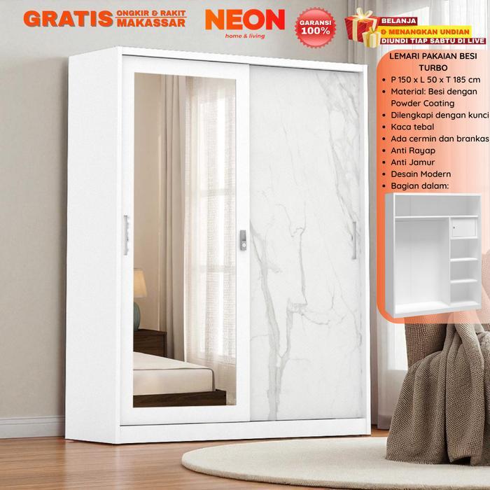 NEON Lemari Pakaian Besi Turbo | Lemari Besi Pintu Sliding Uk 150 Minimalis Murah Anti Rayap Makassa