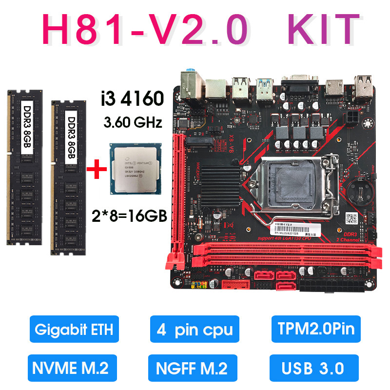 mini itx H81 LGA 1150 motherboard set kit combo with I3 4160 CPU and 16GB DDR3 1600MHZ Memory
