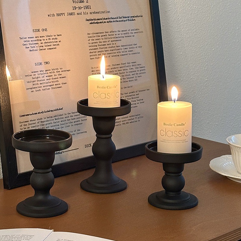 Roman Candle Holder, Retro Black Glass Ornament, Candle Aromatherapy Pedestal, French Home