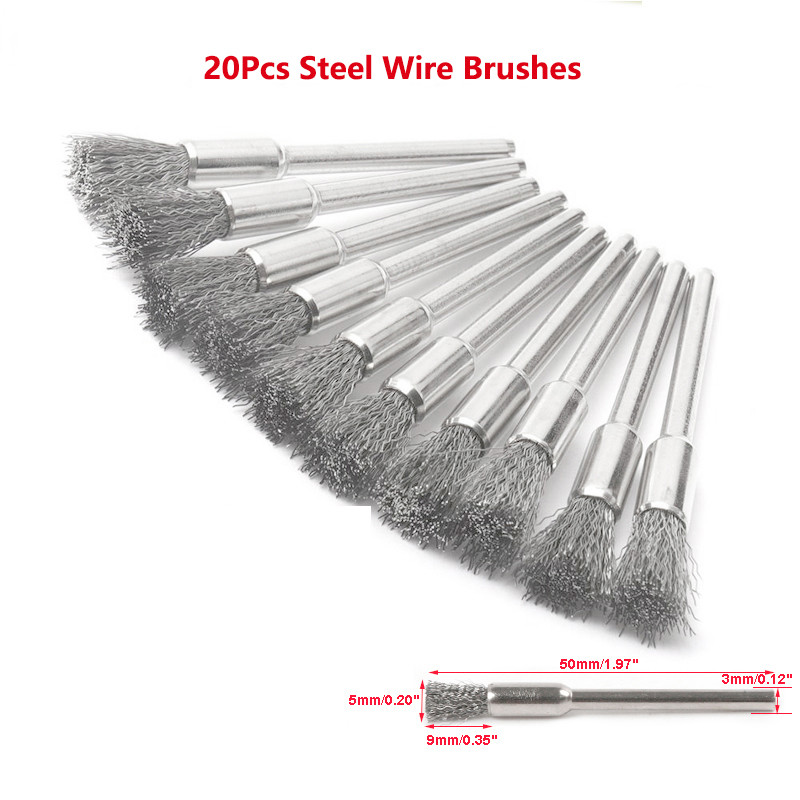 20Pcs Steel Wire Brushes Dremel Accessories 3Mm Shank Polishing Brush Dremel Tools For Burr Brushed