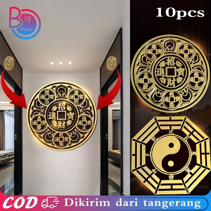 Isi 10Pcs Sticker Keberuntungan Stiker Emas Timbul Hoki Keberuntungan 3D Motif Ba Gua Koin Bagua