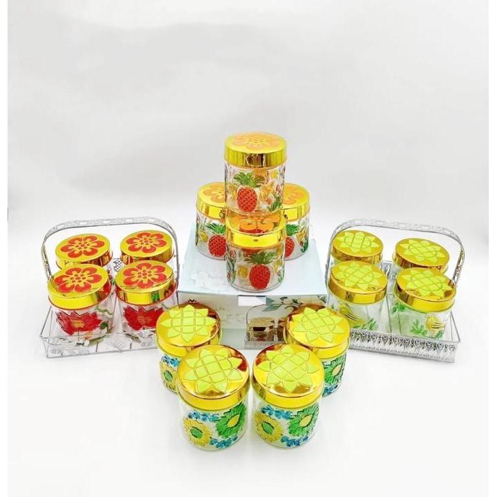 HS - Toples Kaca Motif Set 5Pcs + 1 Keranjang / Toples Lebaran 5 Pcs / Toples Kue Kedap Udara Polos