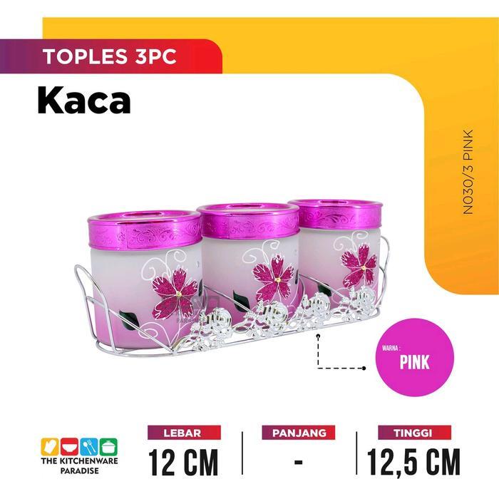 TOPLES KACA MOTIF BUNGA 1set isi 3 toples + keranjang stenlis