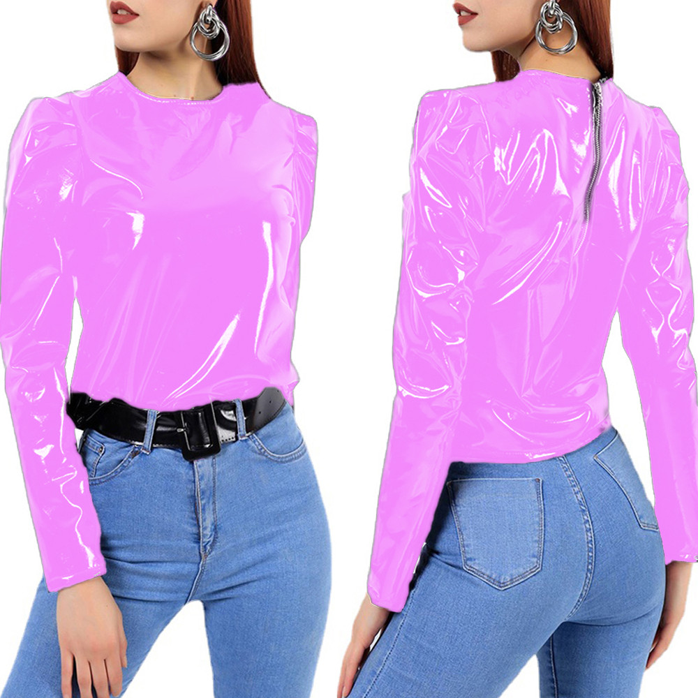New Design Sexy Costumes Latex Long Sleeves Top Women Uniform Maid Costume Back Zipper Coat Blouse