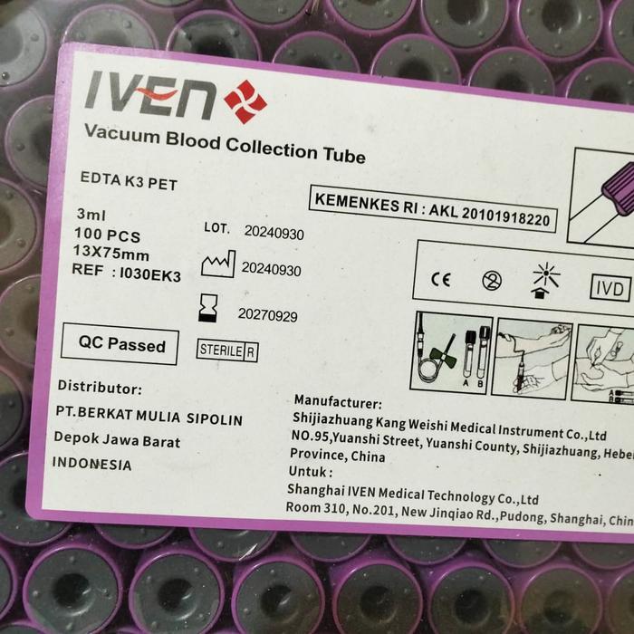 JTTOP" TABUNG K3 EDTA 3ML - EDTA K3 3 ML PET/PLASTIK IVEN