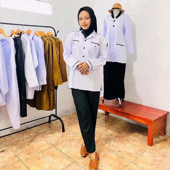 Setelan Seragam Baju PDH Putih Model lish hitam Wanita Atasan Kemeja Kerja Dinas PNS Cewek Model