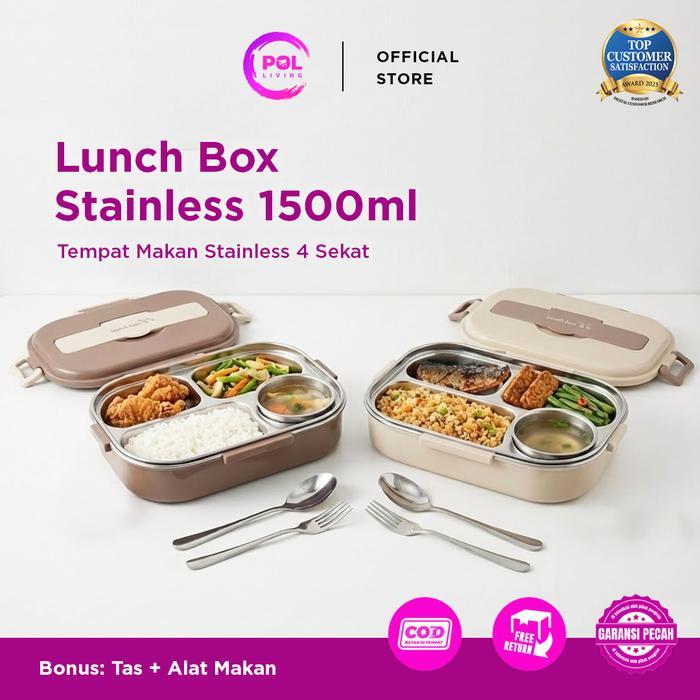 POL - Lunch Box Stainless 1500ml Set Kotak Bekal Makan 4 Sekat