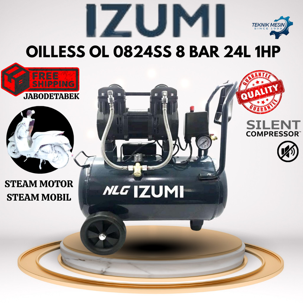 COMPRESSOR IZUMI NLG 1HP 24L OILLESS OL 0824SS/ KOMPRESOR 220V/ KOMPRESOR 1 PHASE/ KOMPRESOR STEAM M