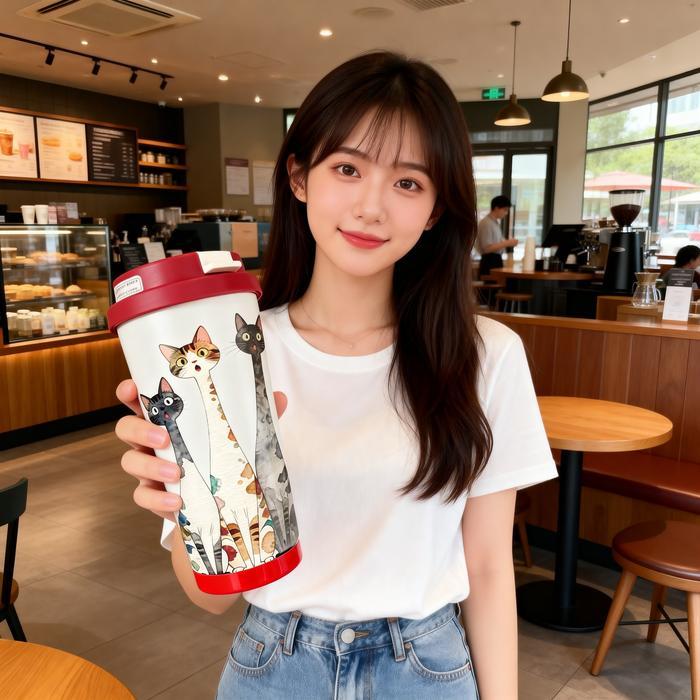 Tumbler Cangkir Termos Motif Kucing Trio 500Ml - Motif Kucing Trio + Sedotan & Gantungan Llbzsj0140