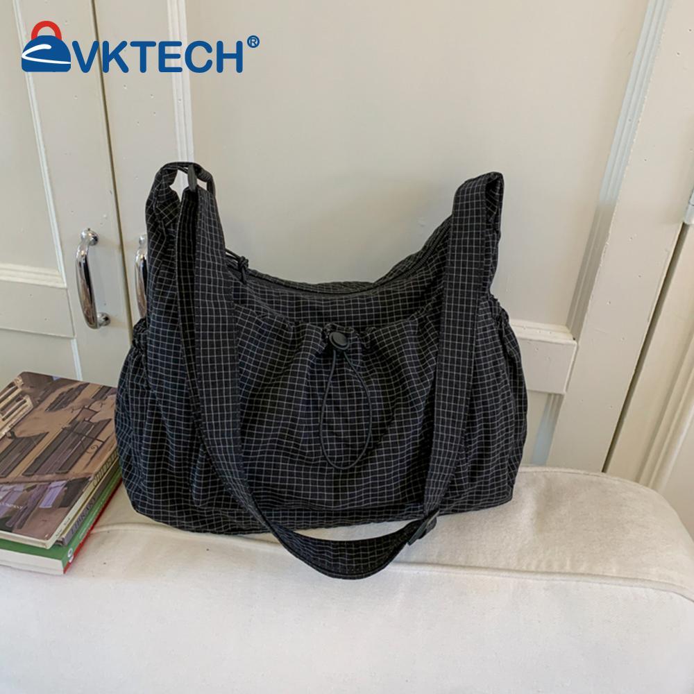 Women Checkered Sling Bag Nylon Drawstring Crossbody Bag Large Capacity Trendy Satchel Bag Shopping