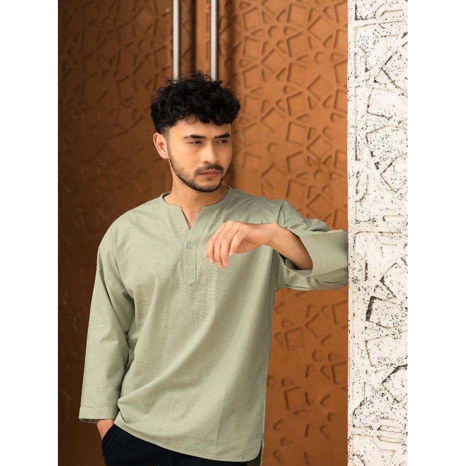 Turki Kemeja Koko Linen V-Neck Lengan 7/8 Byblank Kemeja Koko Soft Cotton Linen Pria