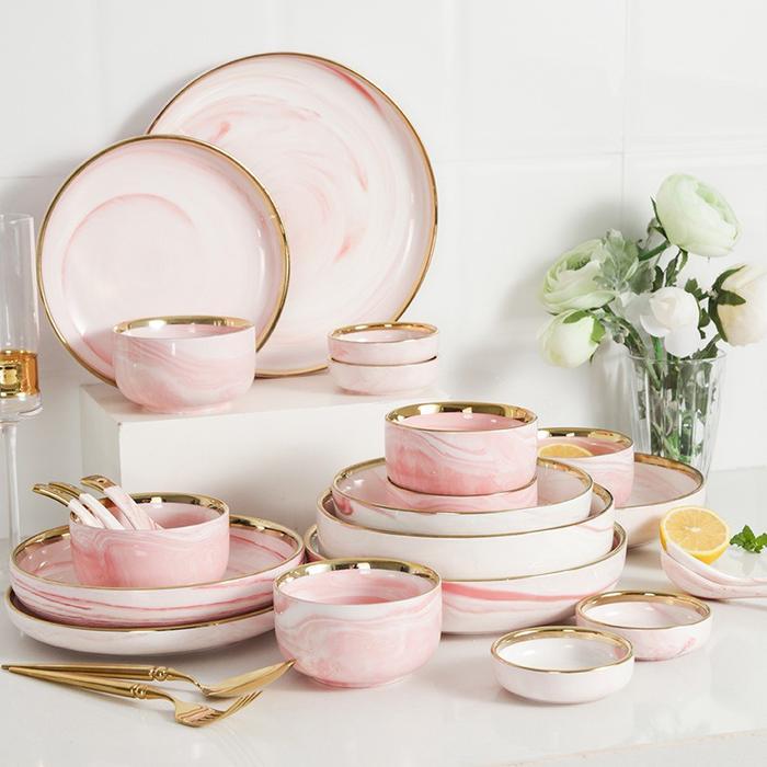 Pink Gold Dining Set 18 Pcs / Set Piring Mangkok Keramik Marble Unik