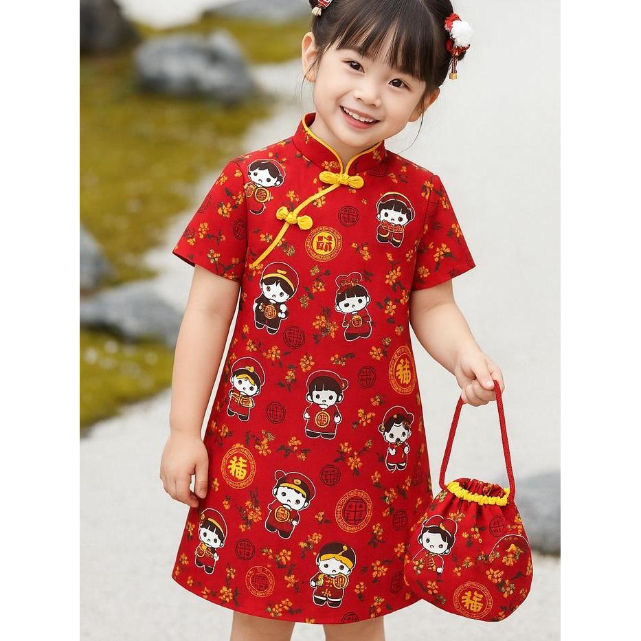 Premium Cheongsam Baju Cina Dress Anak Perempuan Model Lurus Cantik Motif - Fashion Original