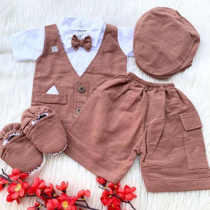Set Baju Branded Rompi Tuxedo Free Topi Sepatu Anak Laki Laki , Usia Baby 3 Sampai 12 Bulan . Bayi