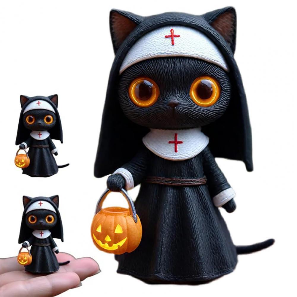 Halloween Nun Cat Statue Black Cat Figurine with Pumpkin Bucket Gothic Witchy Decor Fantasy