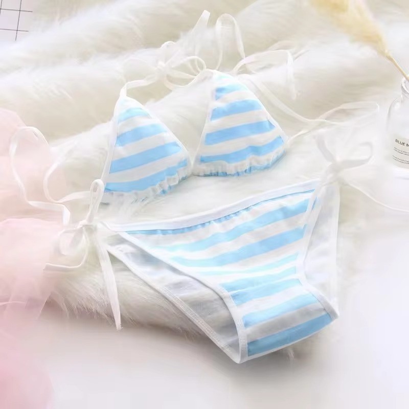 Japan Lingerie Lolita Blue White Striped Bikini Cosplay Women Bra Underwear Set Frenum Swimsuit