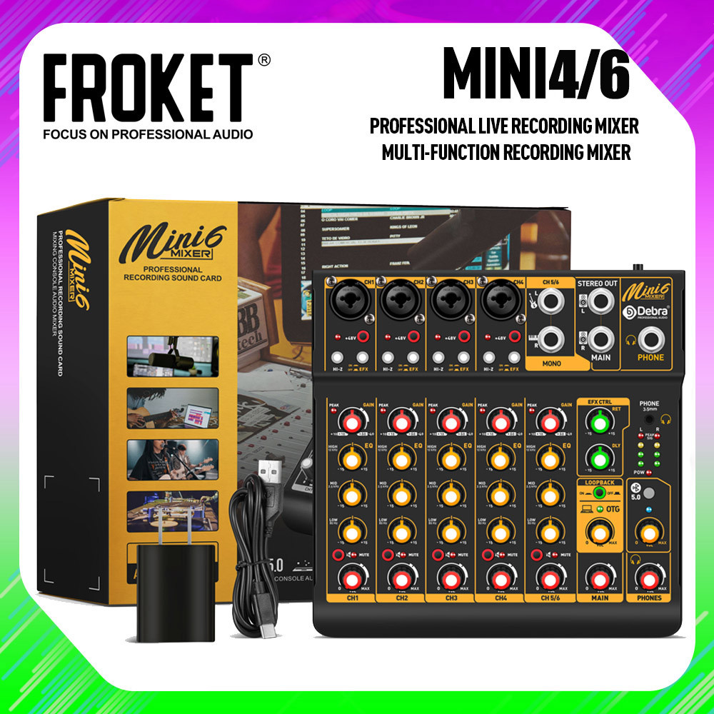 Mini 4 Mini 6 4/6-channel audio mixer with Bluetooth 5.0 OTG Reverb 48V Sound Card for PC Recording,