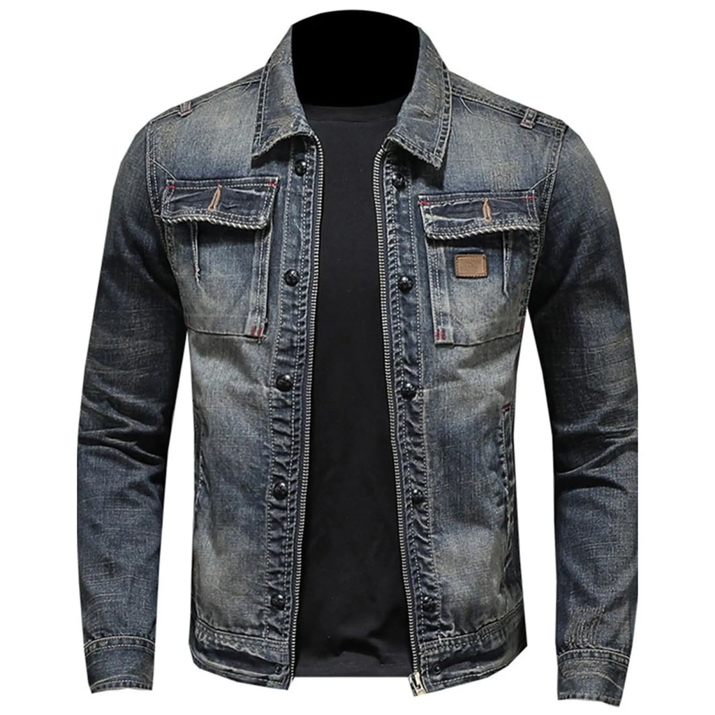 Vintage Denim Jacket with Zip Stand Up Cotton Slim Fit Denim Coat Jeans Classic Hip Hop Varsity