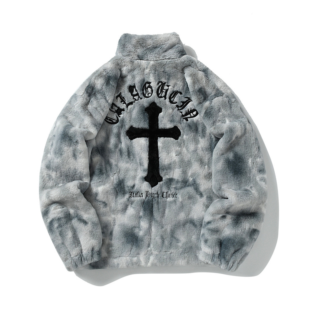 2025Men's Rabbit Fur Fleece Jacket, Hip Hop Coats, Cross Letters Streetwear, Casual Harajuku