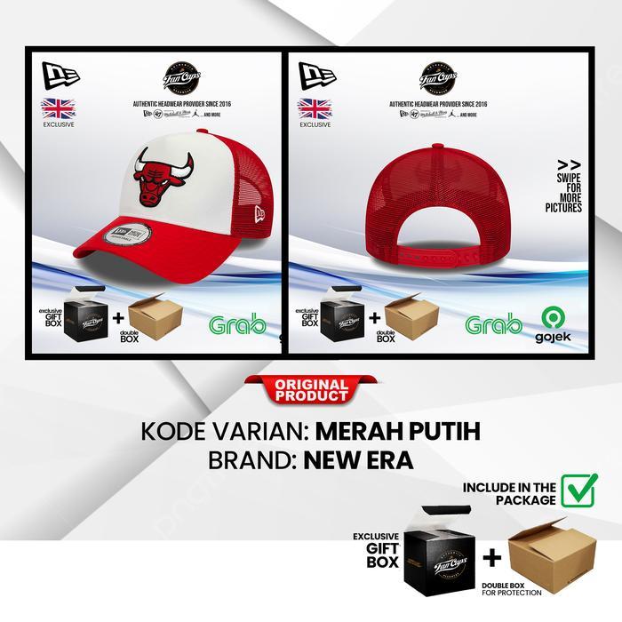 Topi New Era Original Nba Chicago Bulls Team Logo 9Forty A-Frame Warna Merah Putih Trucker Warna