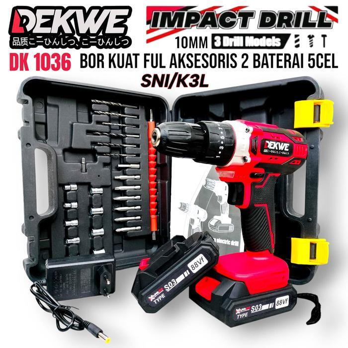 Promo Bor Cordless 88Vf Dekwe Dk1036 Impact Drill Mesin Bor Besi Kayu Beton Fullset Garansi Resmi
