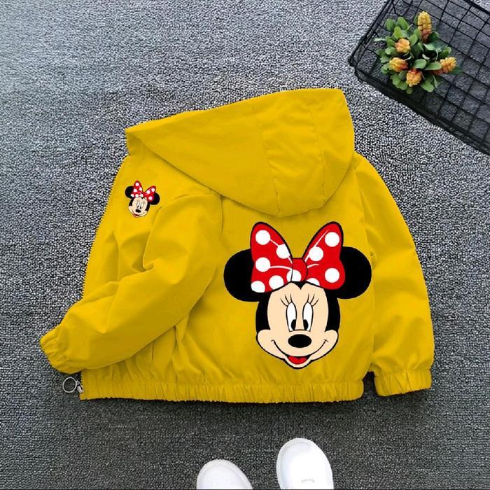 Jaket Anak Perempuan Bergambar Minimous Berhudi Berkerut Tangan Dan Bawah